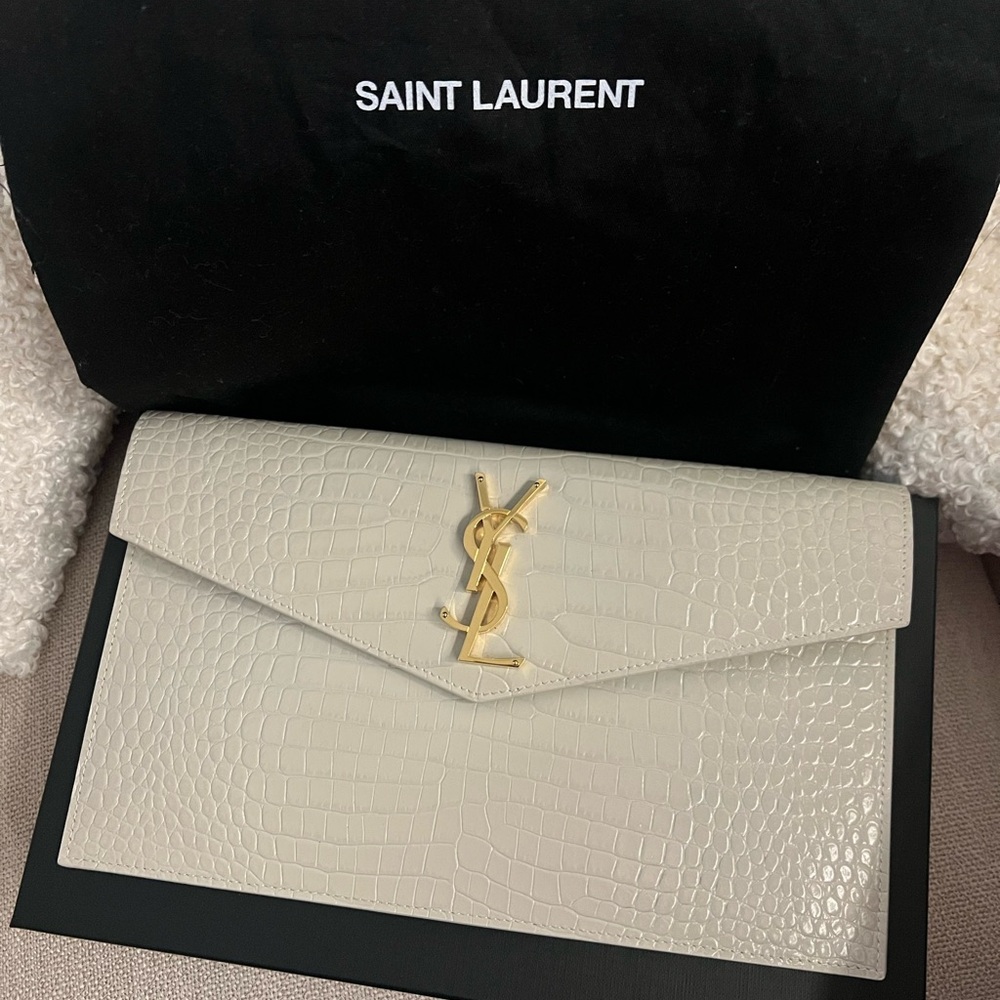 Authentic Saint Laurent Cream Clutch Elegant Gold Hardware